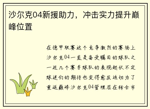 沙尔克04新援助力，冲击实力提升巅峰位置