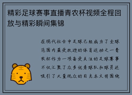 精彩足球赛事直播青农杯视频全程回放与精彩瞬间集锦