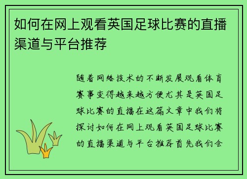 如何在网上观看英国足球比赛的直播渠道与平台推荐